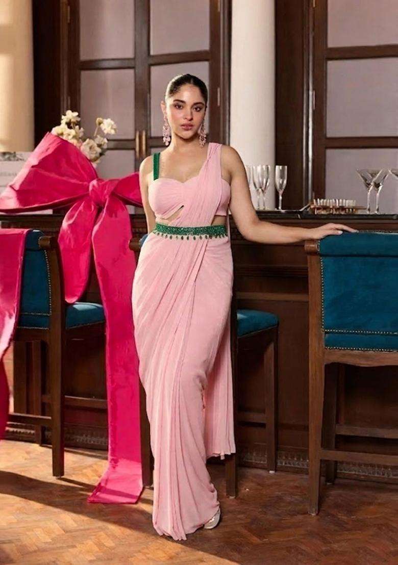 Baby Pink Hand Work Chinon Pre Draped Saree Set for Diwali and Festive Wear - Indya