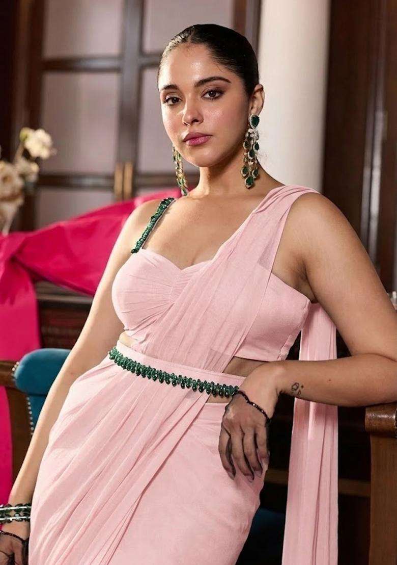 Baby Pink Hand Work Chinon Pre Draped Saree Set for Diwali and Festive Wear - Indya