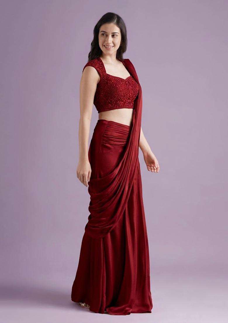Dark Red Hand Work Crepe Pre Draped Saree Set - Indya