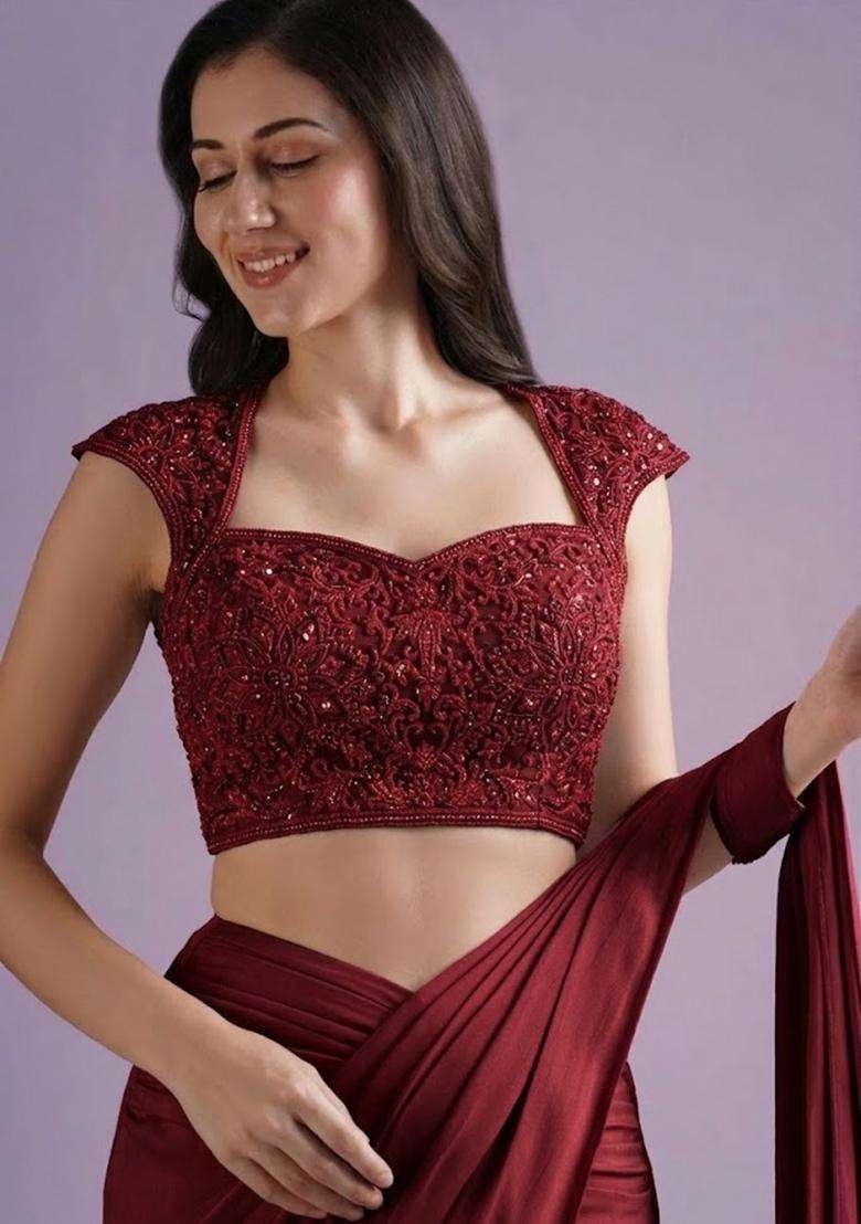 Dark Red Hand Work Crepe Pre Draped Saree Set - Indya