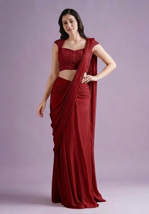 Dark Red Hand Work Crepe Pre Draped Saree Set