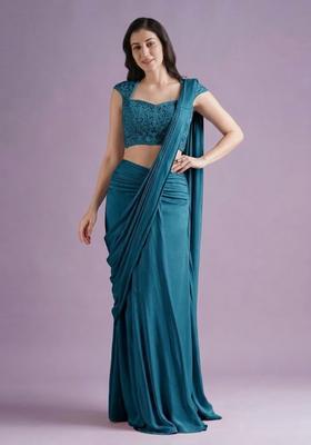 Navy Blue Hand Work Crepe Pre Draped Saree Set