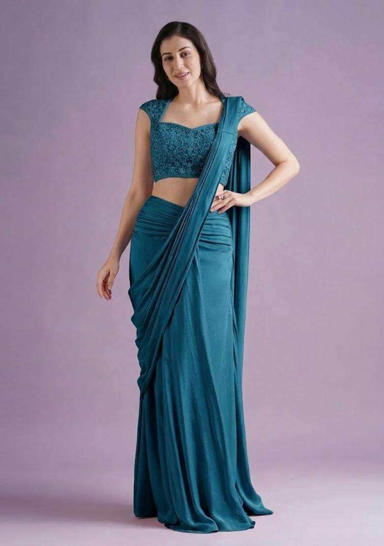 Navy Blue Hand Work Crepe Pre Draped Saree Set - Indya