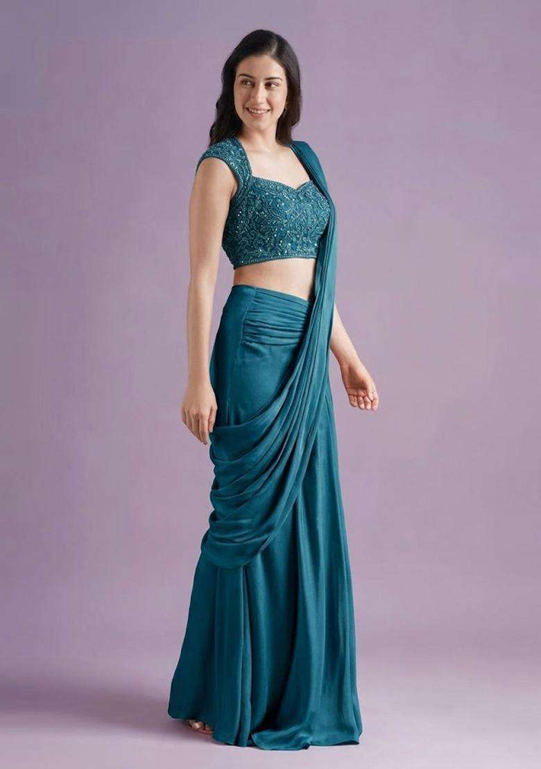 Navy Blue Hand Work Crepe Pre Draped Saree Set - Indya