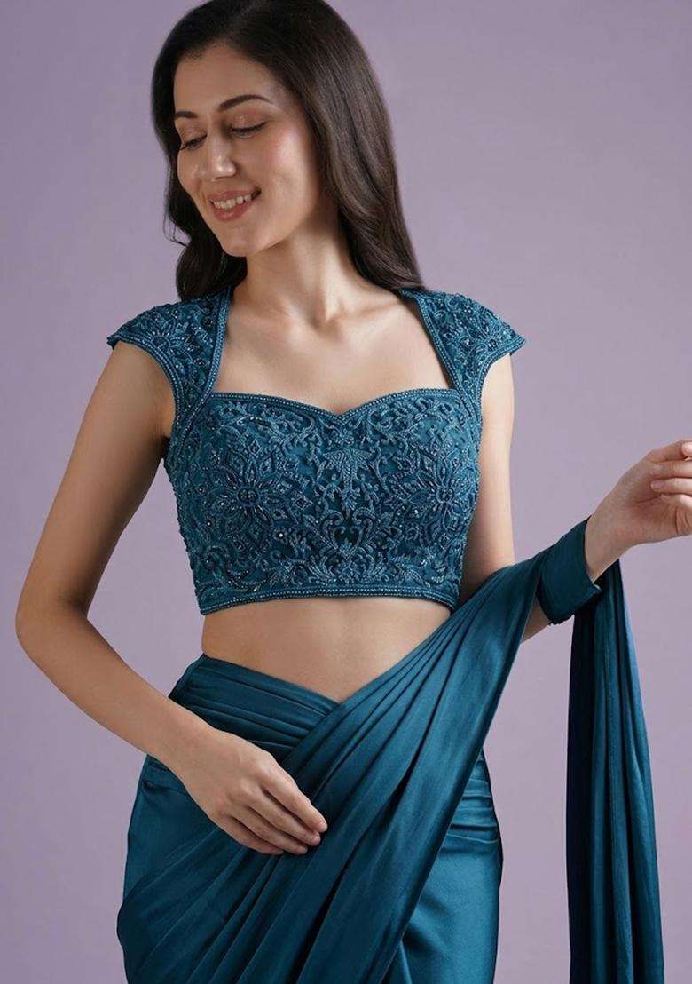 Navy Blue Hand Work Crepe Pre Draped Saree Set - Indya