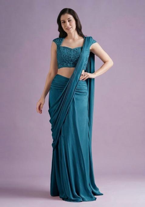 Navy Blue Hand Work Crepe Pre Draped Saree Set