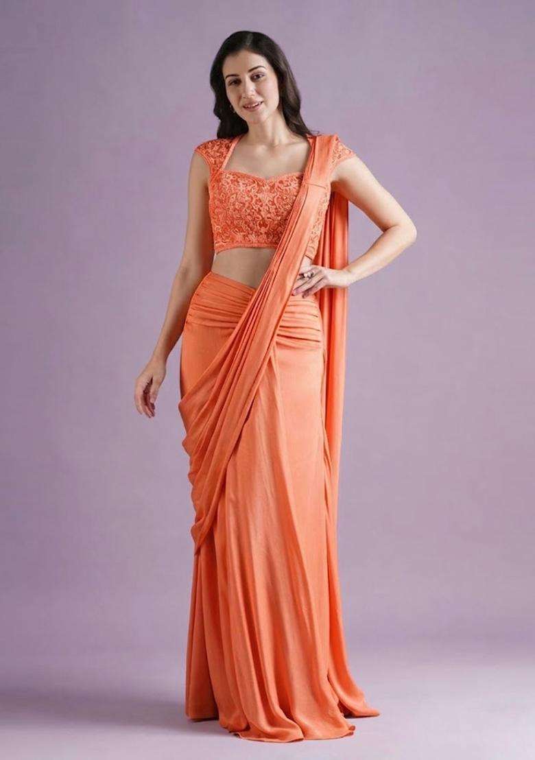Coral Pink Hand Work Crepe Pre Draped Saree Set - Indya