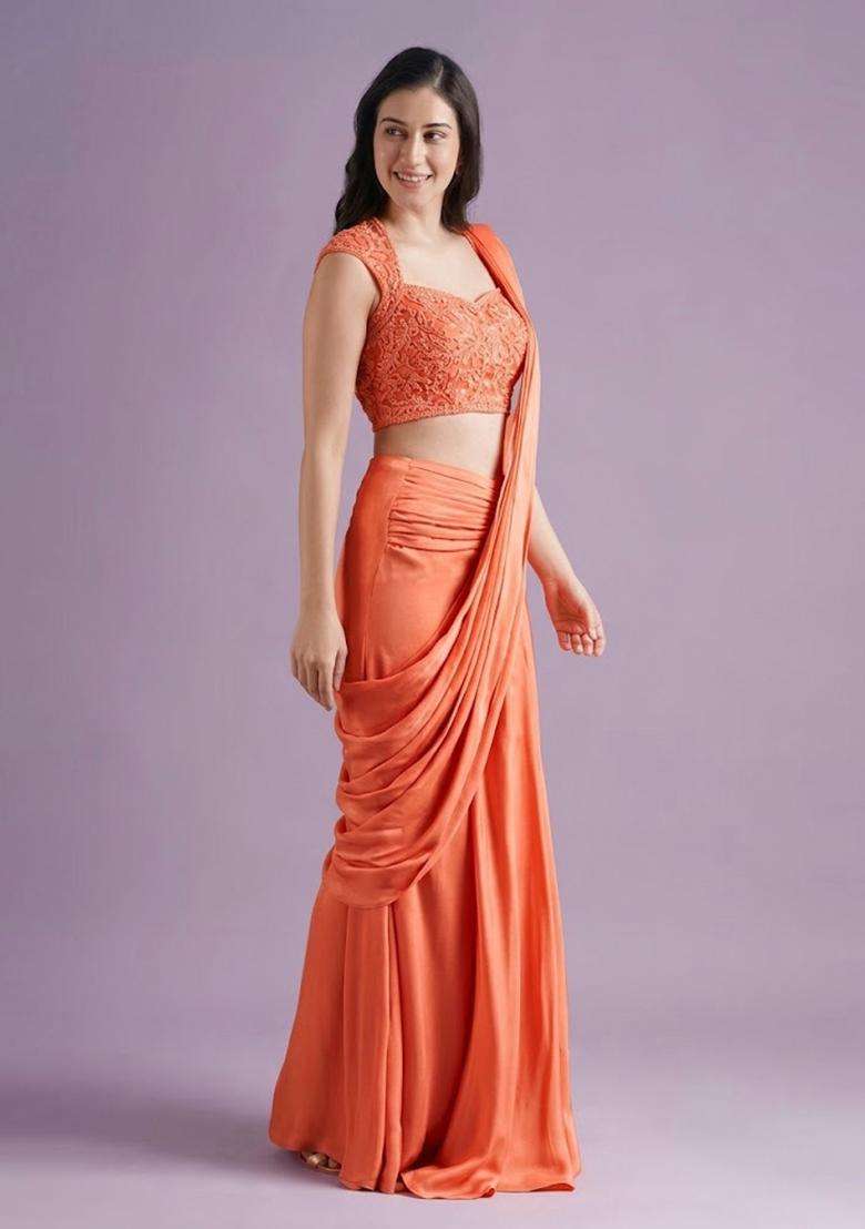 Coral Pink Hand Work Crepe Pre Draped Saree Set - Indya