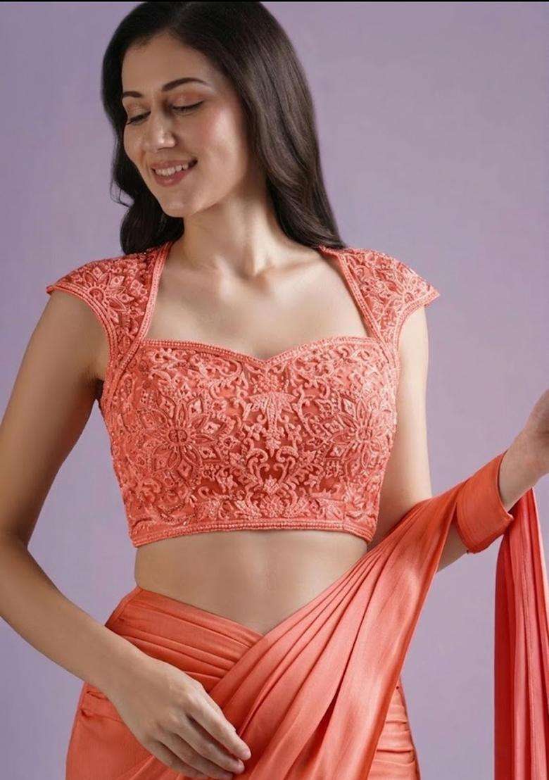 Coral Pink Hand Work Crepe Pre Draped Saree Set - Indya