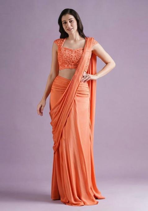 Coral Pink Hand Work Crepe Pre Draped Saree Set