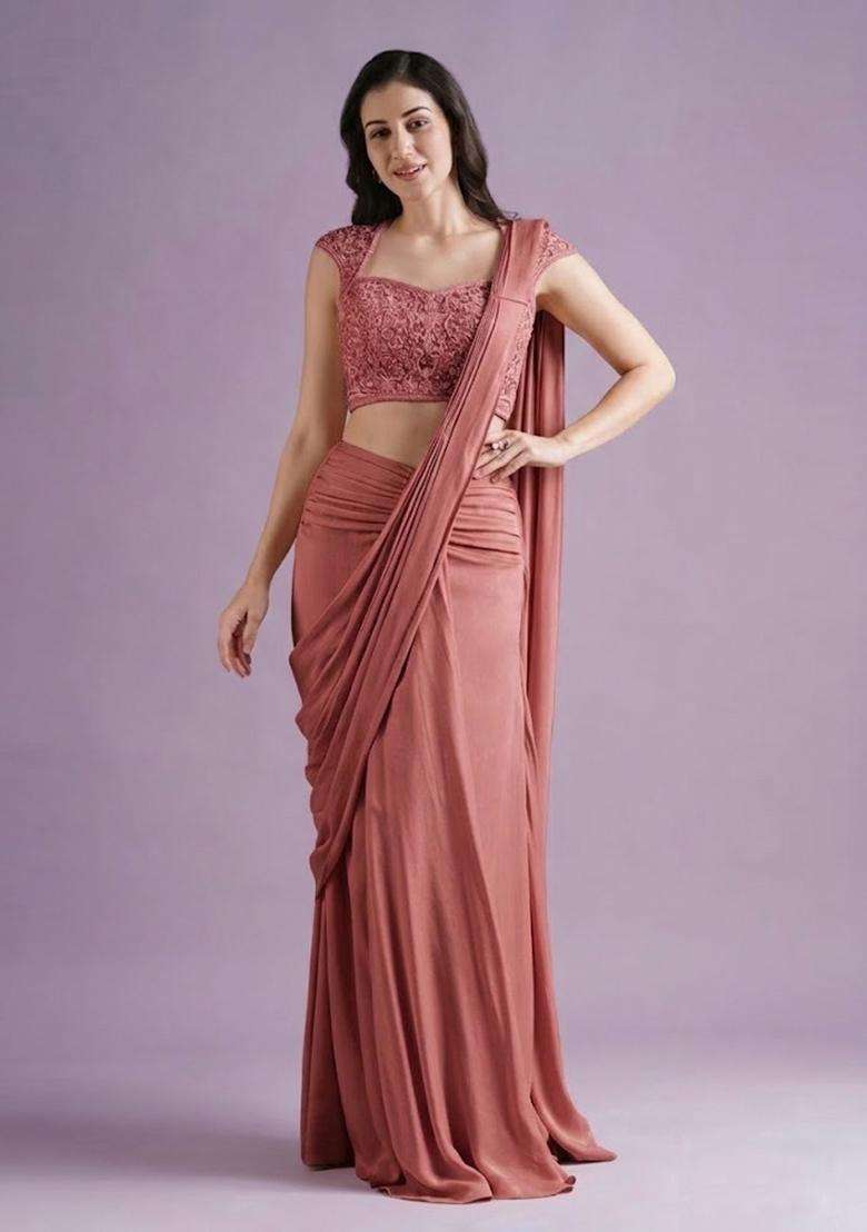 Dusty Pink Hand Work Crepe Pre Draped Saree Set - Indya