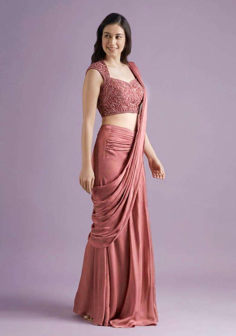 Dusty Pink Hand Work Crepe Pre Draped Saree Set - Indya