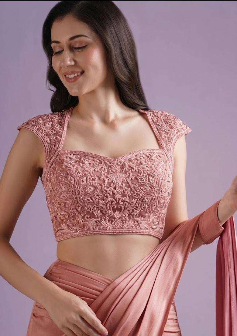 Dusty Pink Hand Work Crepe Pre Draped Saree Set - Indya
