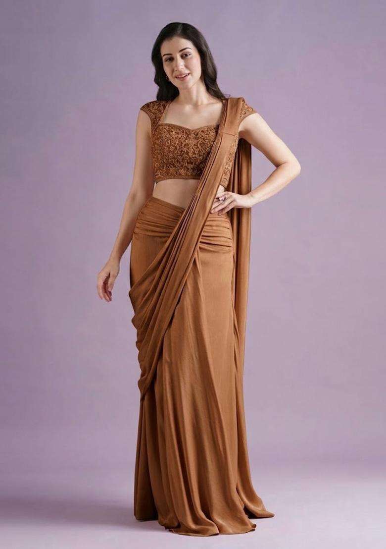 Blush Pink Hand Work Crepe Pre Draped Saree Set - Indya