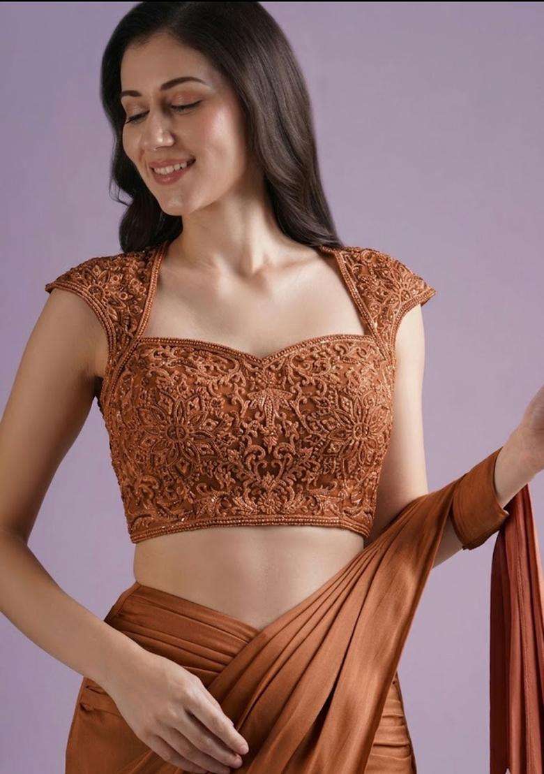 Blush Pink Hand Work Crepe Pre Draped Saree Set - Indya