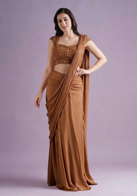 Blush Pink Hand Work Crepe Pre Draped Saree Set