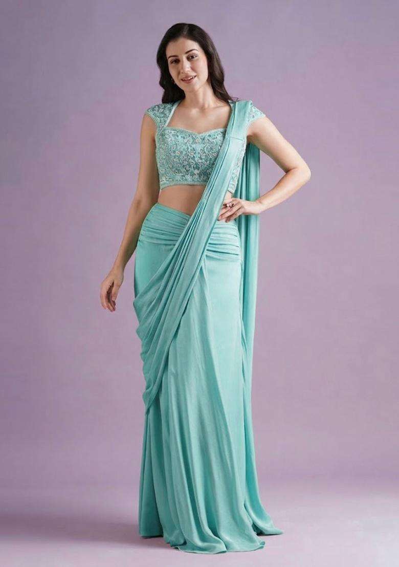 Sea Green Hand Work Crepe Pre Draped Saree Set - Indya