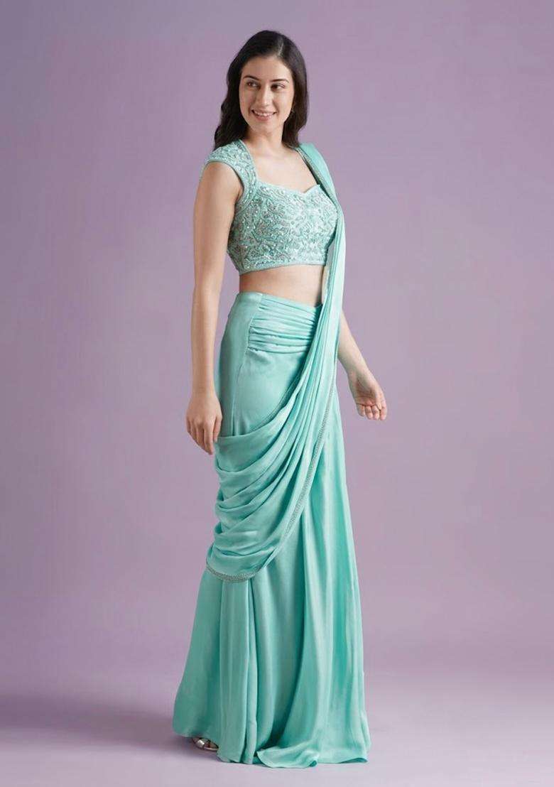 Sea Green Hand Work Crepe Pre Draped Saree Set - Indya