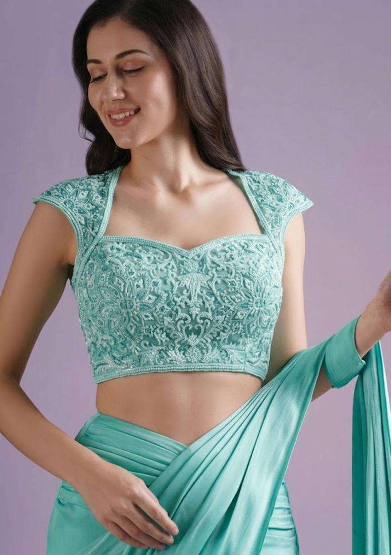 Sea Green Hand Work Crepe Pre Draped Saree Set - Indya