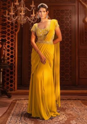 Yellow Hand Work Georgette Pre Draped Saree Set