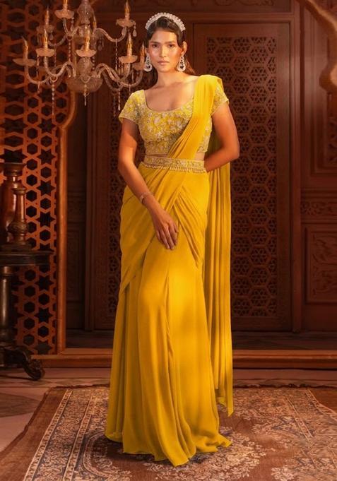 Yellow Hand Work Georgette Pre Draped Saree Set