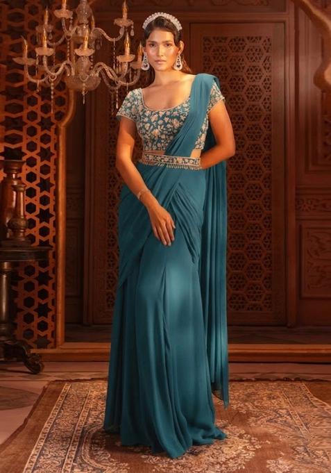 Blue Hand Work Georgette Pre Draped Saree Set