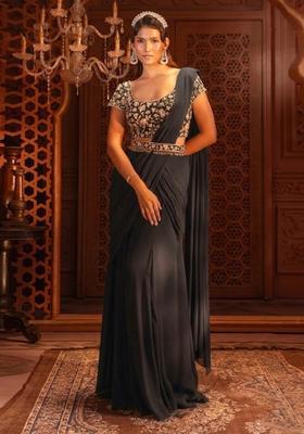 Black Hand Work Georgette Pre Draped Saree Set