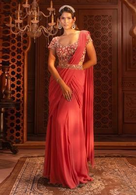 Coral Orange Hand Work Georgette Pre Draped Saree Set