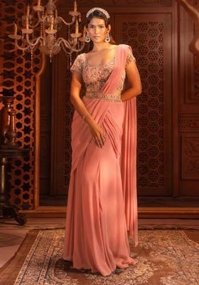Peach Hand Work Georgette Pre Draped Saree Set