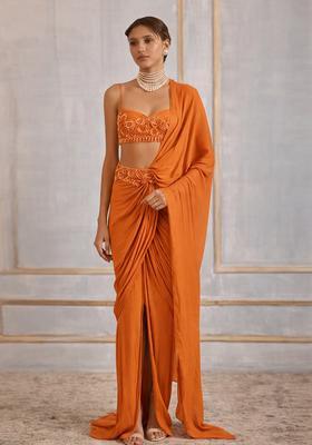 Rust Hand Work Crepe Pre Draped Saree Set