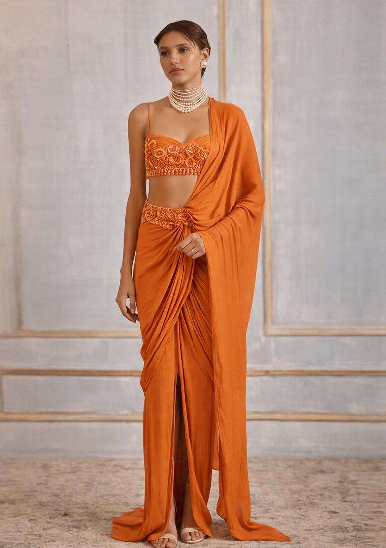 Rust Hand Work Crepe Pre Draped Saree Set - Indya