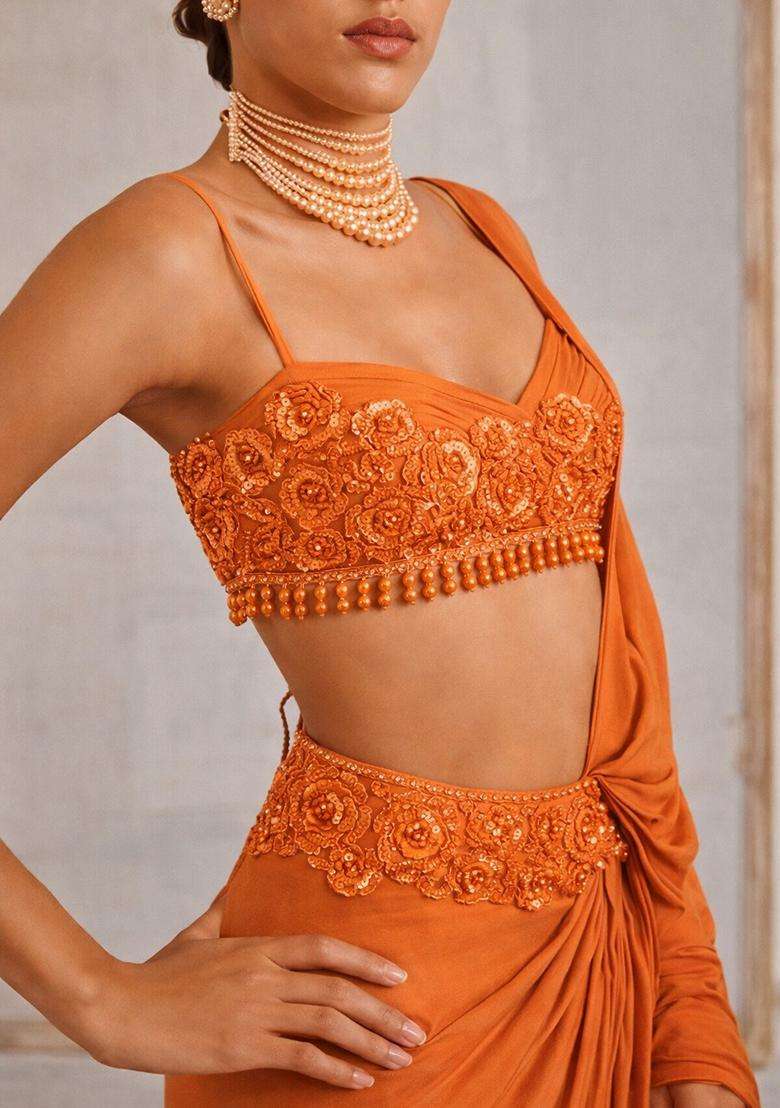 Rust Hand Work Crepe Pre Draped Saree Set - Indya