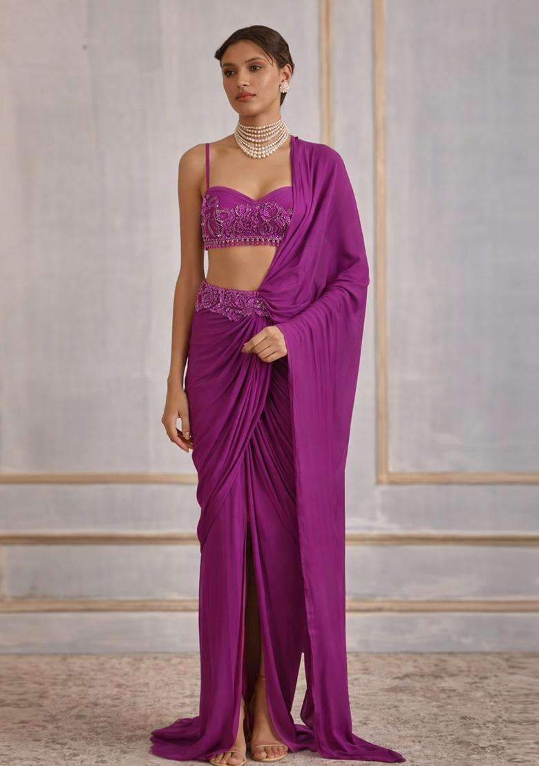 Purple Hand Work Crepe Pre Draped Saree Set - Indya