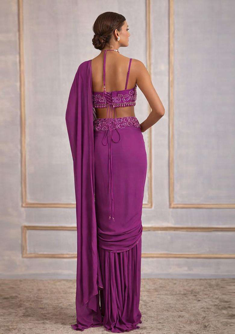 Purple Hand Work Crepe Pre Draped Saree Set - Indya