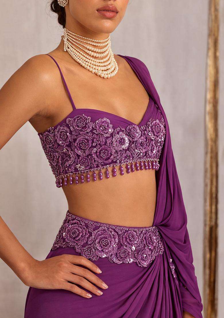 Purple Hand Work Crepe Pre Draped Saree Set - Indya