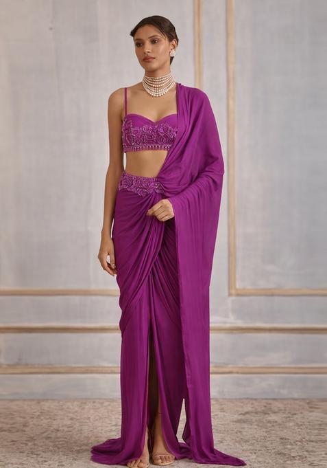 Purple Hand Work Crepe Pre Draped Saree Set