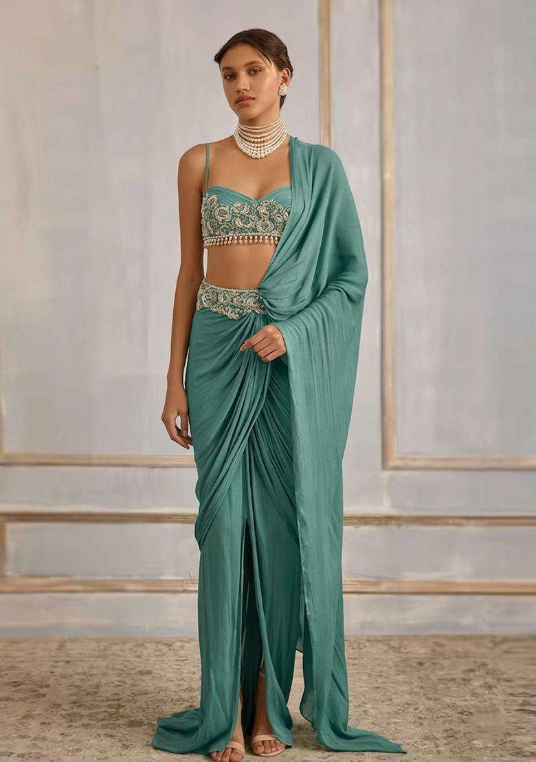 Mint Green Hand Work Crepe Pre Draped Saree Set - Indya