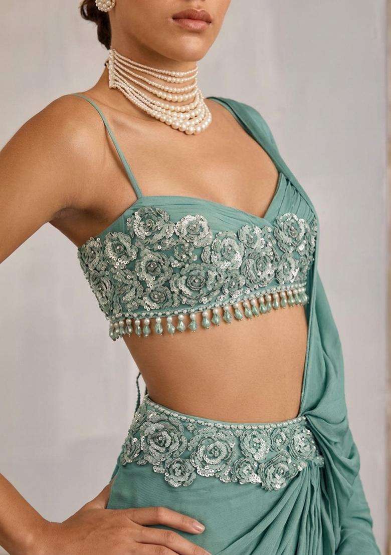Mint Green Hand Work Crepe Pre Draped Saree Set - Indya
