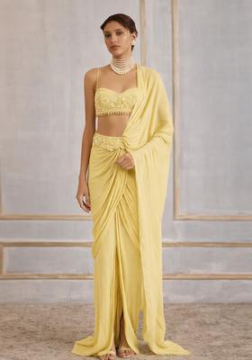 Light Yellow Hand Work Crepe Pre Draped Saree Set