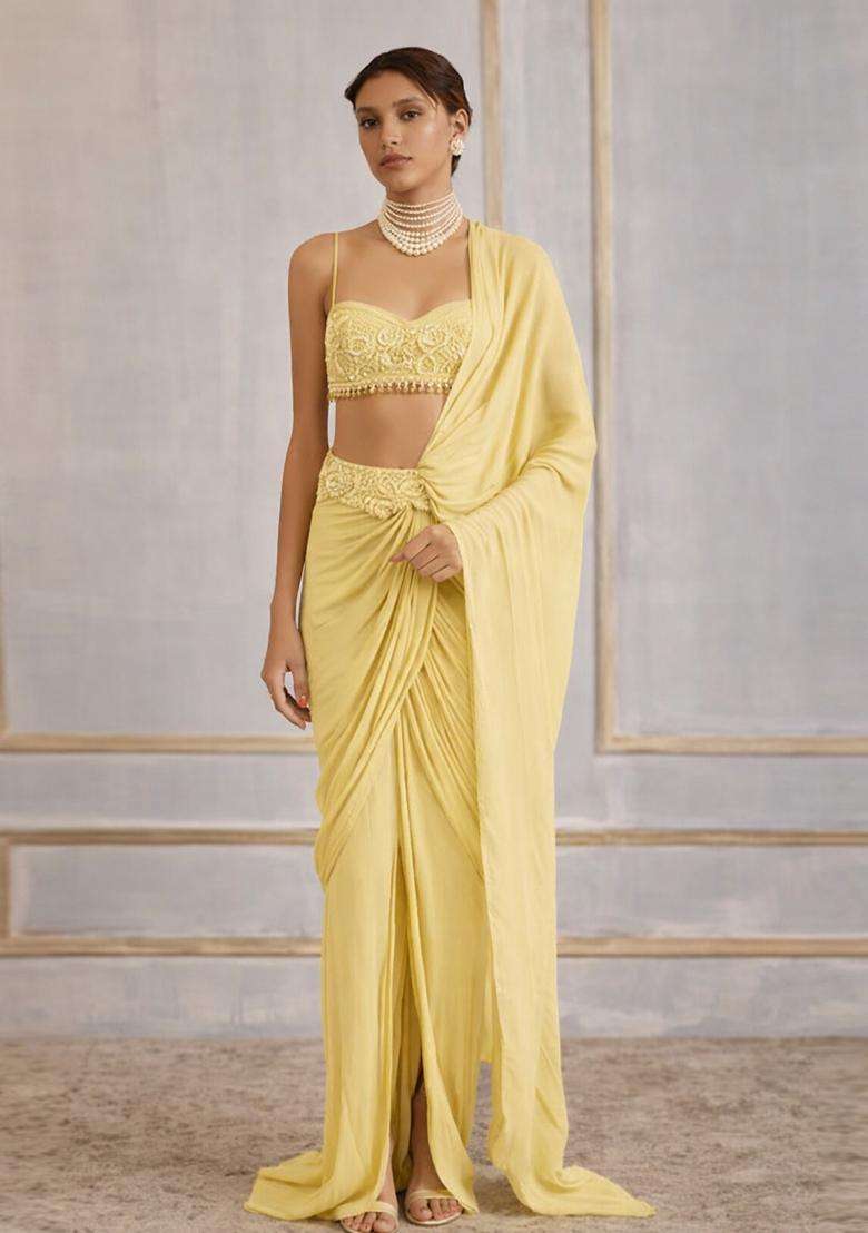 Light Yellow Hand Work Crepe Pre Draped Saree Set - Indya