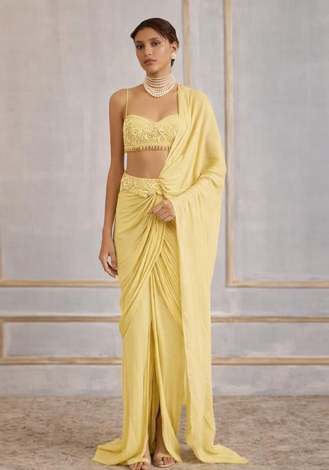 Light Yellow Hand Work Crepe Pre Draped Saree Set