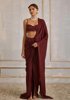 Baby Pink Hand Work Crepe Pre Draped Saree Set