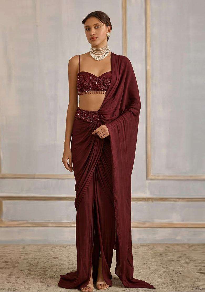 Baby Pink Hand Work Crepe Pre Draped Saree Set - Indya