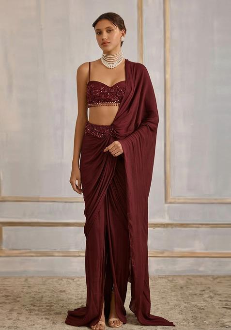 Baby Pink Hand Work Crepe Pre Draped Saree Set