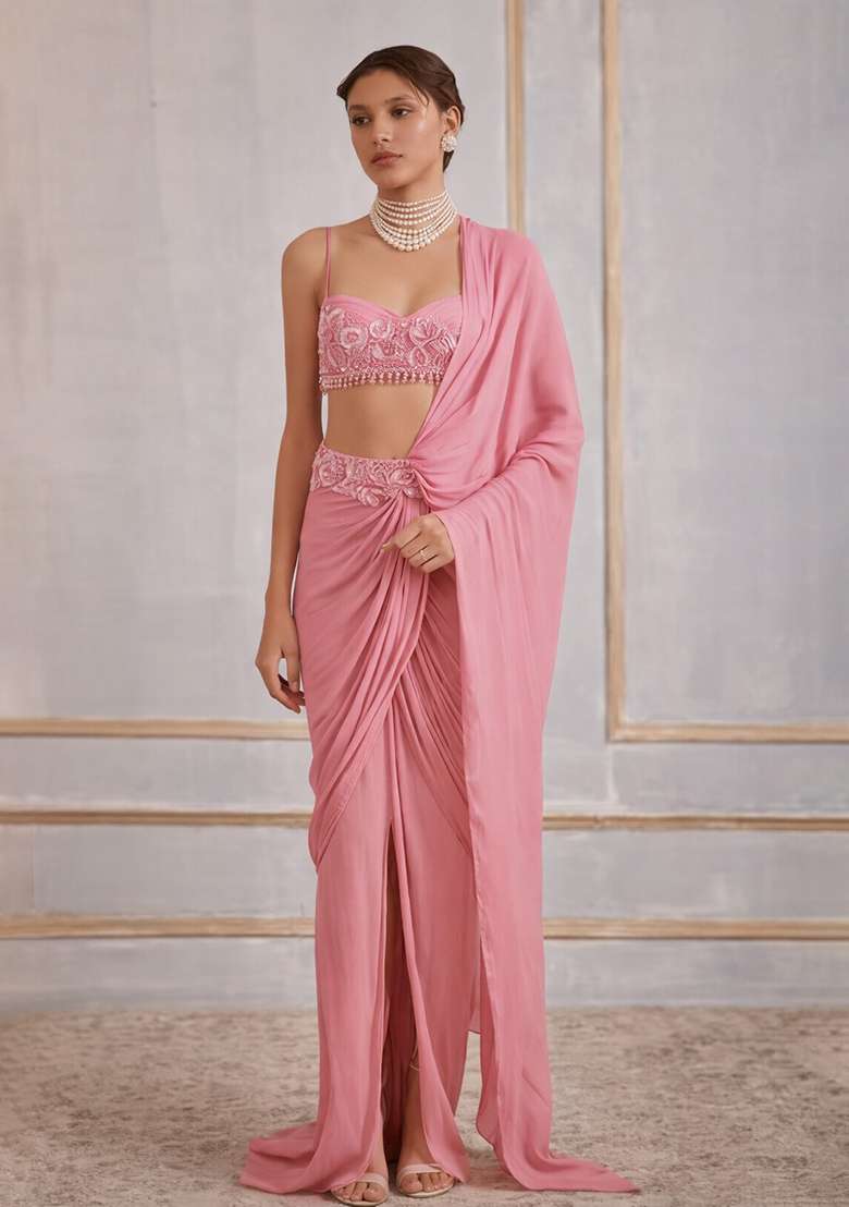 Bright Pink Hand Work Crepe Pre Draped Saree Set - Indya