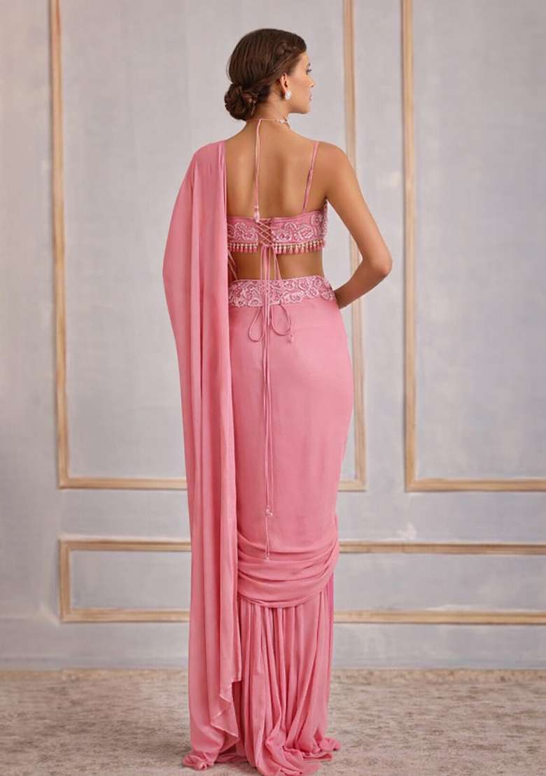 Bright Pink Hand Work Crepe Pre Draped Saree Set - Indya