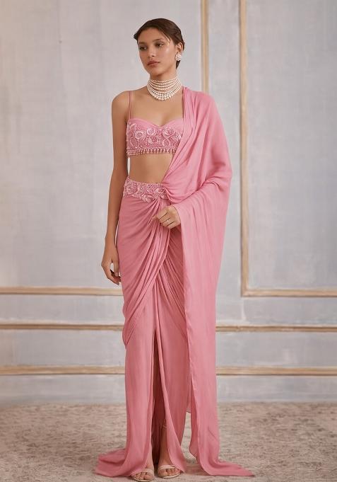 Bright Pink Hand Work Crepe Pre Draped Saree Set