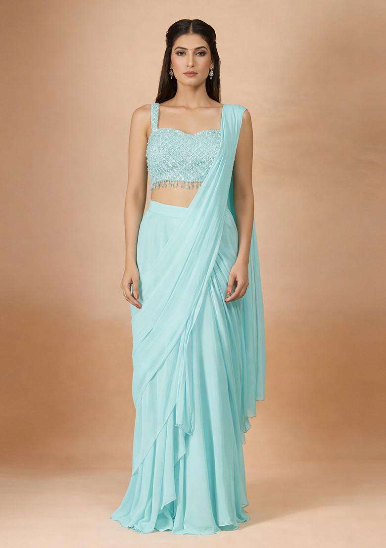 Pale Blue Hand Work Georgette Pre Draped Saree Set - Indya