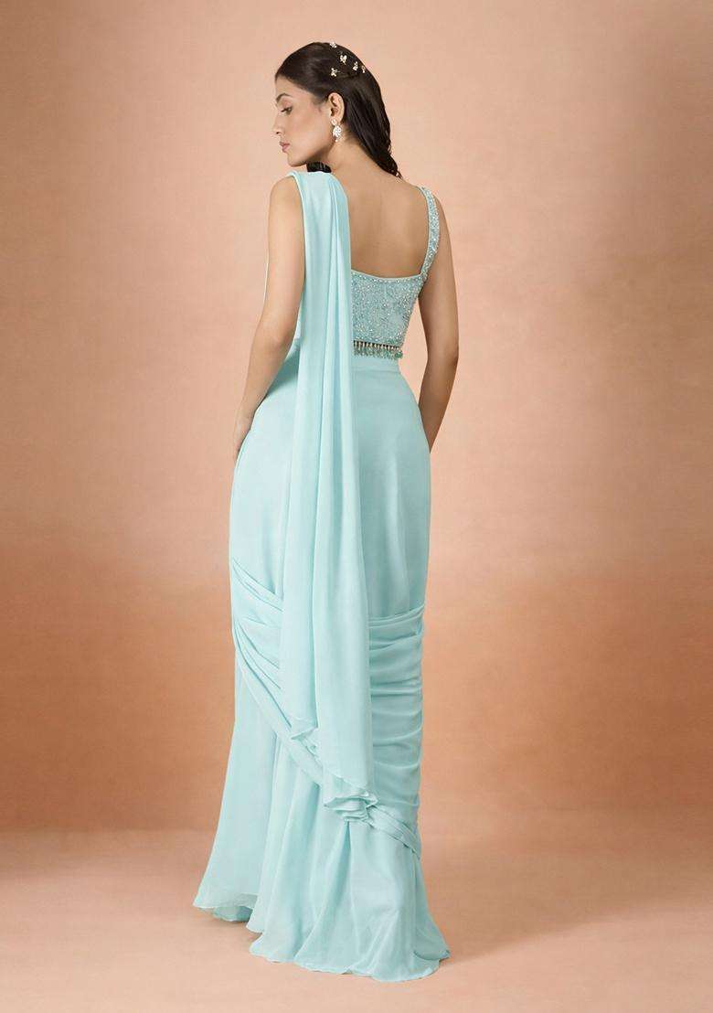 Pale Blue Hand Work Georgette Pre Draped Saree Set - Indya