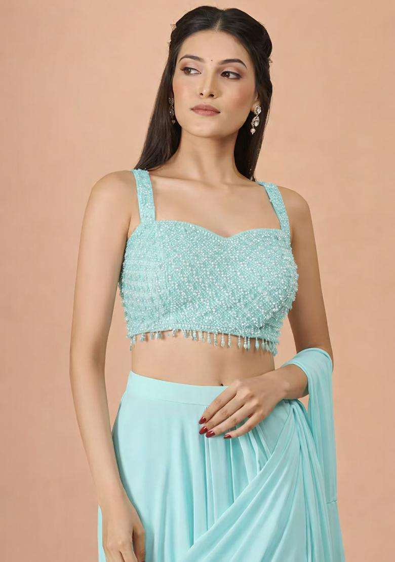 Pale Blue Hand Work Georgette Pre Draped Saree Set - Indya